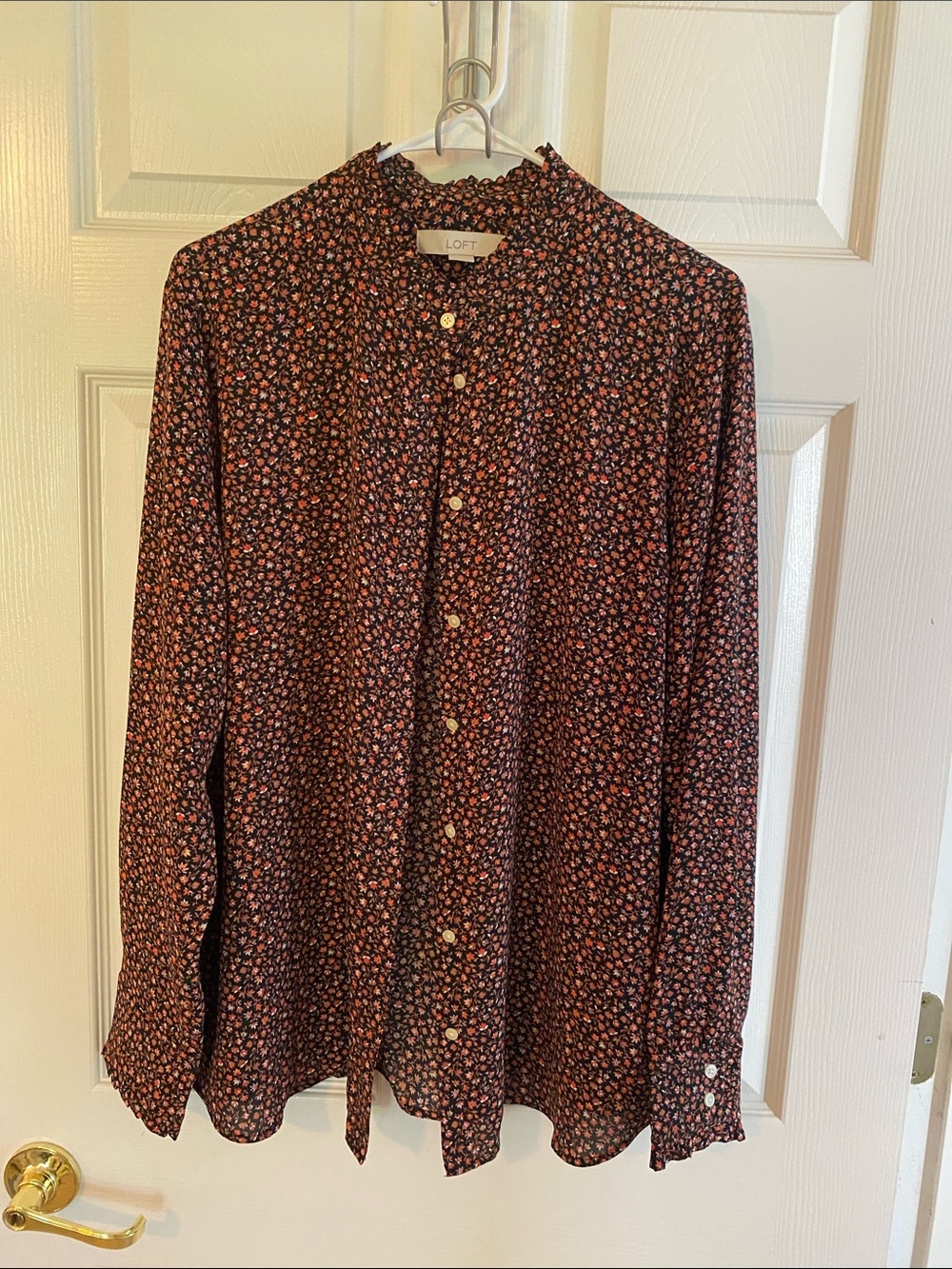 LOFT Black Floral Button-Up Blouse with Pink and Cream Accents